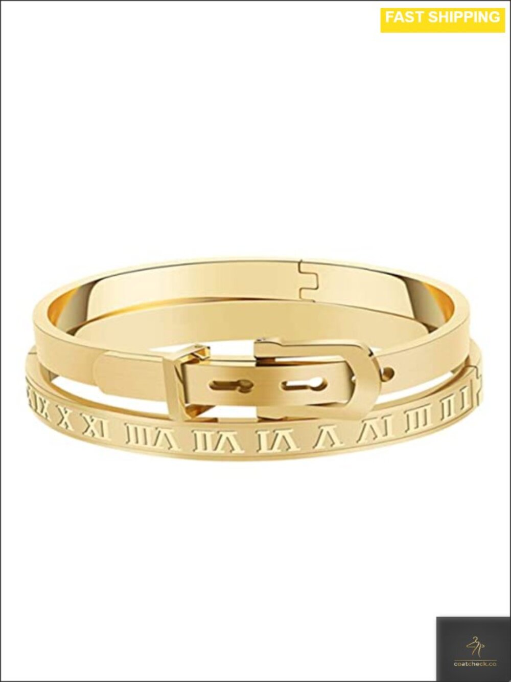 Gold Plated Roman Numeral Bangle Bracelet Set Stainless Steel Engraved
